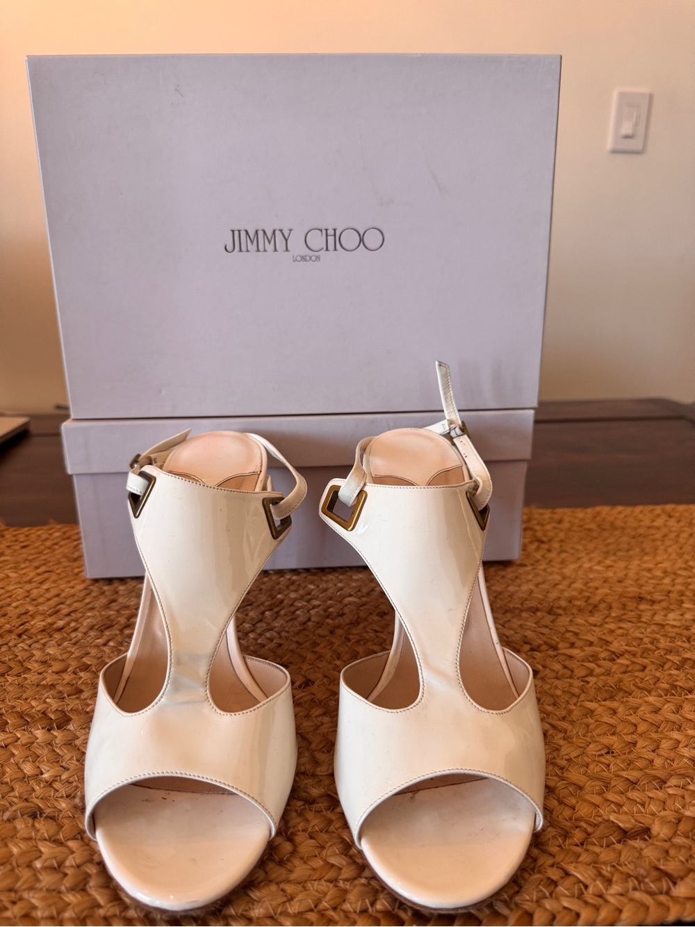 Jimmy Choo Cream Patent Leather T-Strap Open-Toe Heels